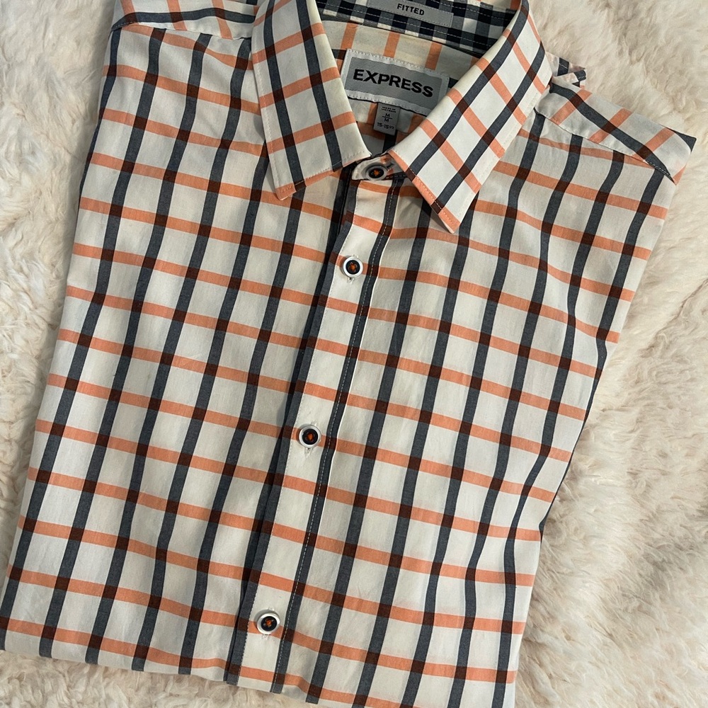 Express Men's Plaid Shirt - Orange, White, and Black